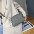 Grey leather crossbody bag with brown strap, elegant pebbled texture shoulder bag for women - Teal