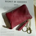 Genuine leather coin purse small wallet with zipper key ring and chain strap for women. - Burgundy