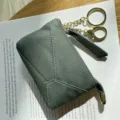 Grey genuine leather coin purse with gold key rings and zipper, soft cowhide small wallet case - Almond Green