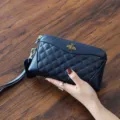 Genuine leather women clutch bag, quilted long wallet with metal bee decor, navy blue. - Sapphire Blue