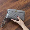 Genuine leather grey quilted women clutch wallet with metal bee ornament and wrist strap. - Gray