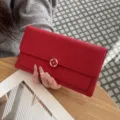 Red genuine leather long wallet for women with golden flower clasp, chic luxury style clutch purse. - Red