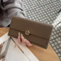 Genuine leather long wallet for women with elegant flower clasp, premium cowhide clutch bag. - Khaki