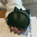 Dark green leather coin purse with cute cat ears design, small zipper wallet for women daily use. - Green