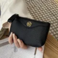 Schwarze Echtleder Münzbörse Kartenetui mit stilvollem Blumen-Drehverschluss Handschlaufe. - Schwarz