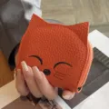 Oranger Leder Katzenform Münzbeutel und Kartenhalter mit Reißverschluss und Stickerei - Orange