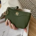 Green leather coin purse for women, compact card holder with zipper and cute flower charm. - Army Green
