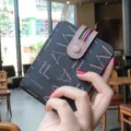 Women leather driver license holder card case retro geometric printed wallet brown - Coffee and Pink