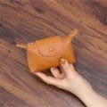Mini brown leather coin purse, cute small wallet pendant, stylish female card pouch. - Caramel color