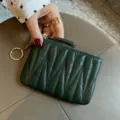Dark green quilted leather coin purse with zipper and keyring, compact mini wallet. - Green