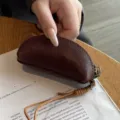 Mini genuine leather coin purse brown veg-tanned cowhide small pouch with lanyard for keys lipstick - Dark Coffee