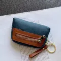 Genuine leather mini coin purse with keychain multi-function zipper wallet for women daily use - Blue