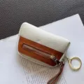 Mini genuine leather coin purse with zipper closure and key ring for women compact design - Off White