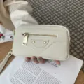Damen echtes Leder Motorrad Clutch Tasche, weiss Doppel Reissverschluss Handy Handgelenktasche. - Gebrochenes Weiß