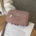 Genuine leather women clutch bag stylish motorcycle design with double zipper and wrist strap. - Lotus Purple