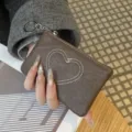 Brown leather coin purse with white heart stitching, cute mini card holder with keychain. - Dark Khaki