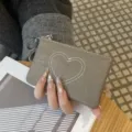 Genuine leather coin purse with heart embroidery, card holder, vintage style for women. - Gray