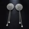Sparkling rhinestone tassel nipple pasties, sexy body jewelry for women, fashion party wear. - One Size / Silver