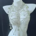 Stunning multi-layer rhinestone body chain, sparkling crystal chest harness for beach party fashion. - Gold