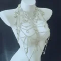 Detailed view of a stunning multi-layer rhinestone body chain, perfect for sexy bikini and clubwear. - Silver
