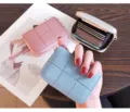 Porte-cartes compact en cuir matelassé avec fermeture éclair, mini portefeuille multi-fentes. - Bleu Lin