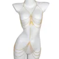 Detailed view of the gold multi-layer rhinestone body chain with cute butterfly pendants. - Body Chain / Gold