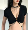 Black V-neck crop top with punk leather chain choker and stylish waist chain for women. - Black Gothic Spikes