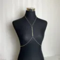 Gold rhinestone body chain detail shot, sexy bikini jewelry for women summer beach accessory. - Gold