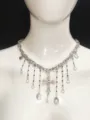 Silver cross tassel choker necklace with irregular multi-chain design and crystal pendants. - Cross Heart Pendant