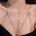 Rhinestone body chain detail shot, glittering crystal necklace for women sexy clavicle decor. - Rhinestone Marker Style / Silver