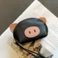Niedliche schwarze Leder-Geldbörse mit rosa Schweineohren, Mini-Portemonnaie mit Handschlaufe. - Schwarz