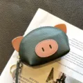 Dunkelgrünes echtes Leder süßes schwein förmiges Mini Münzgeldbörse mit Schlüsselring für Damen. - Blau (Künstliche Perle Dekoration)