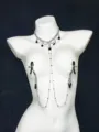 Sexy silver body chain with black teardrop pendant and nipple clamps for women fashion accessory. - Silver