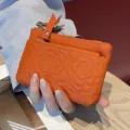 Orangefarbene Damen Geldbörse aus echtem Leder mit geprägtem Blumenmuster kleines Portemonnaie - Orange