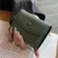 Mini porte-cartes en cuir véritable vert, portefeuille accordéon compact avec bouton-pression. - Vert