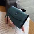 Porte-cartes accordéon minimaliste en cuir véritable pour femmes, portefeuille compact et chic. - Bleu
