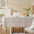 Pastoral cotton floral tablecloth with pom-pom fringe and ruffle edge for dining table decor. - 90x90 / Small Chili with Small White Ball (Hand Wash Only)