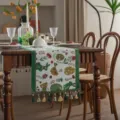 Easter table runner jacquard rabbit floral design with tassels for home decoration detail view - 35x120 / Green Trim Rabbit + Green Tassel (Do Not Machine Wash)
