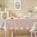 Pastorale style cotton jacquard tablecloth with bow print and delicate white ruffle hem detail. - 120x160 / Pink Bow with Ruffle Edge