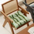 Retro striped seat cushion with cute pom poms and bonjour text detail for home chair decor - 40x40 cm Seat Cushion / Seat Cushion Line Dance Green - Brown Pompom