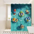 Waterproof cartoon fish shower curtain for bathroom, cute 3D anime style partition curtain decor. - Single Curtain (80x180cm) with Rings & Tieback / Ocean Inhabitants 01