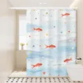 Detailed view of watercolor goldfish shower curtain in a modern clean bathroom setting. - [Single Curtain] Width 180x Height 200 + Hooks + Tiebacks / Goldfish & Star 01
