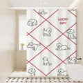 Waterproof shower curtain with cute cartoon dog pattern and red grid design for bathroom decor. - [Single Curtain] Width 80x Height 180 + Hooks + Tiebacks / Argyle Cat & Dog 02