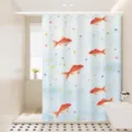 Detail view of the decorative goldfish pattern shower curtain hanging in a bright bathroom. - [Single Curtain] Width 80x Height 180 + Hooks + Tiebacks / Goldfish & Star 03
