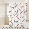 Detailed view of white waterproof shower curtain with cute cat and red grid pattern. - [Single Curtain] Width 80x Height 180 + Hooks + Tiebacks / Argyle Cat & Dog 04