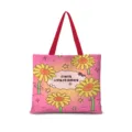 Sac cabas en toile rose avec imprimé tournesol et texte mignon, ideal pour étudiants et quotidien. - Coton Lin Impression Double Face Fermeture Éclair Poche Intérieure / Horizontal 04 Sangle Rouge