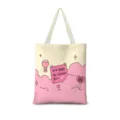 Vue détaillée du sac en toile rose avec nuages, illustration mignonne et citation inspirante. - Coton Lin Impression Double Face Fermeture Éclair Poche Intérieure / Vertical 01 Sangle Beige