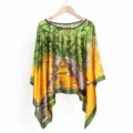 Ethno-Stil gelber und grüner Satinseiden-Poncho-Schal mit Pfauenmuster, 110x110 cm - 110*110CM / Pfauenschwanz Grün