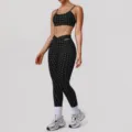 Zwart-wit gestippelde yogaset, actieve sport-bh en fitnesslegging met hoge taille. - S / LD0026 BH + LD0027 Enkellange broek
