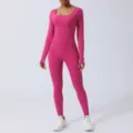 Pink long sleeve activewear yoga jumpsuit tight fitness bodysuit stretch training apparel variant - S / Rose Red